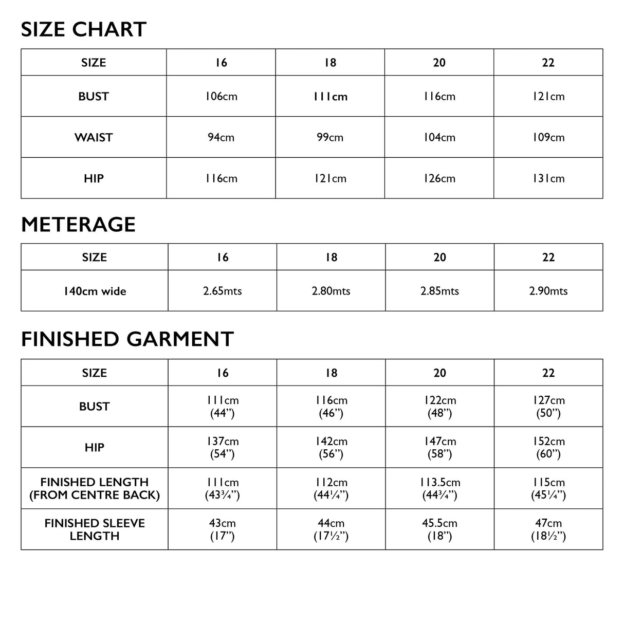 Lily Linen Size Chart 16 22