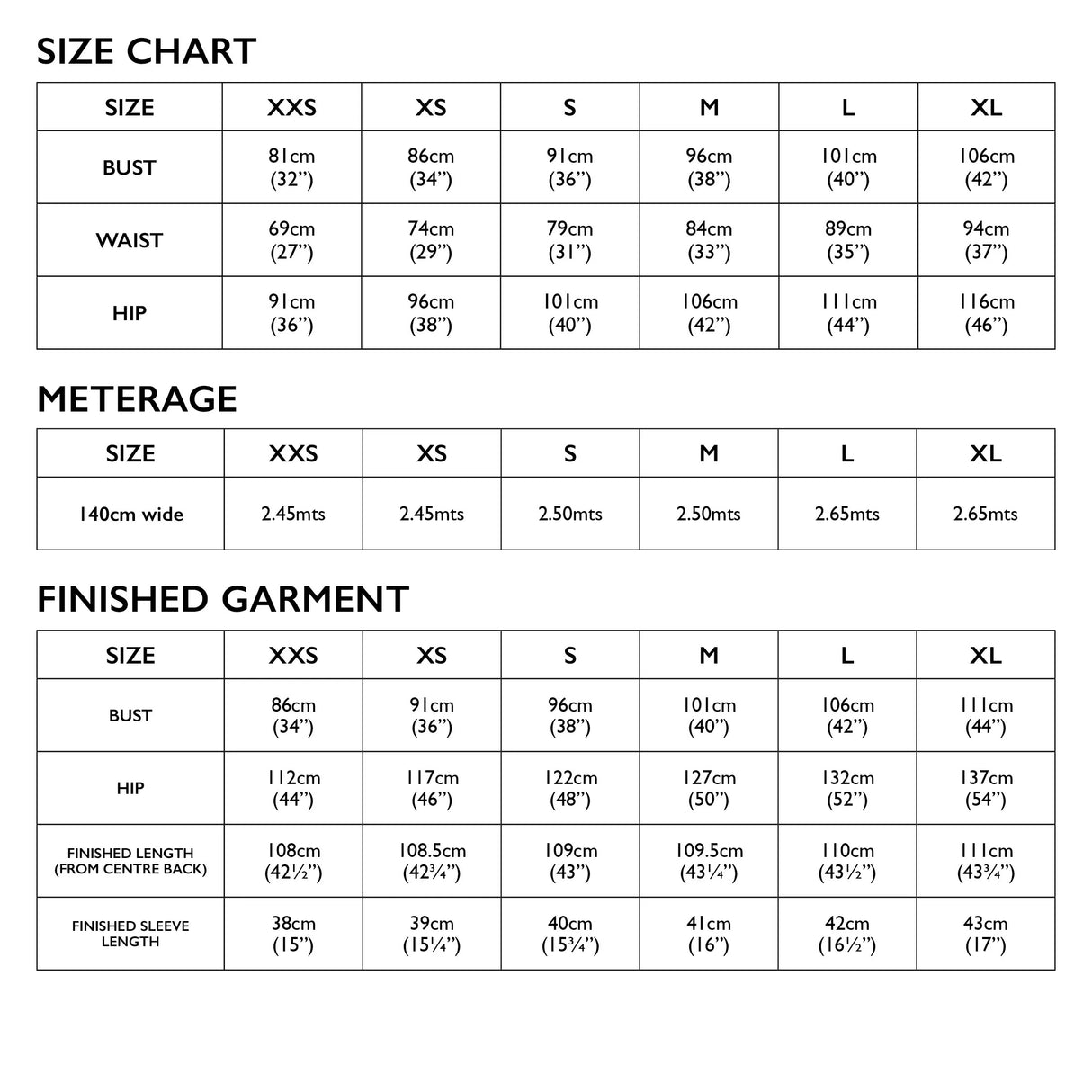 Lily Linen Size Chart Xxs Xl