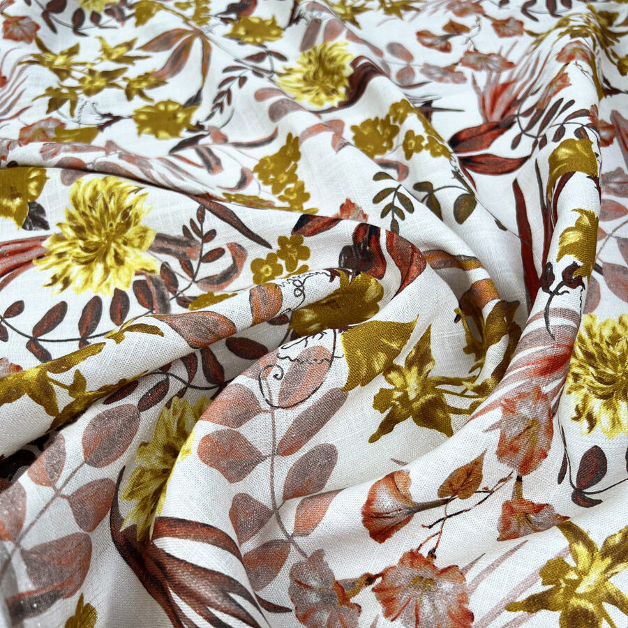 Linen Viscose Slub Golden Harvest White Floral Woven Dress Fabric