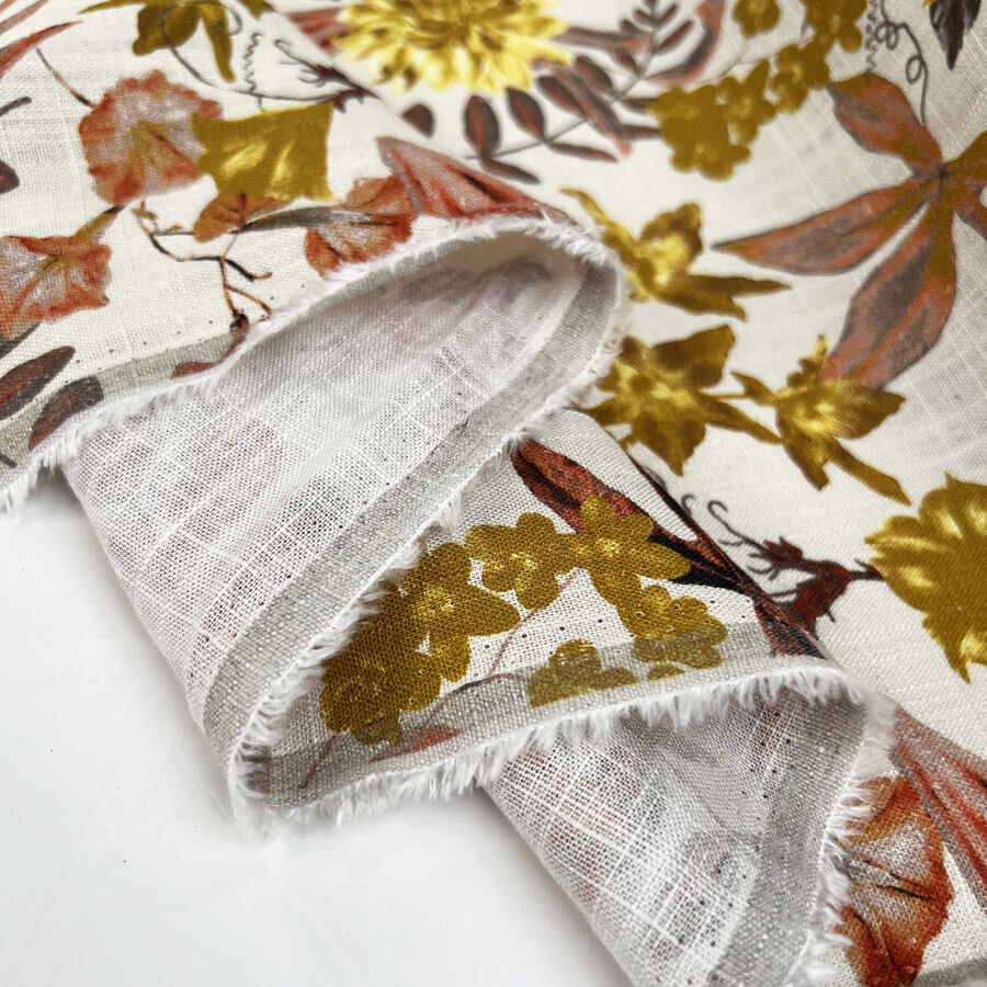 Linen Viscose Slub Golden Harvest White Floral Woven Dress Fabric Fold