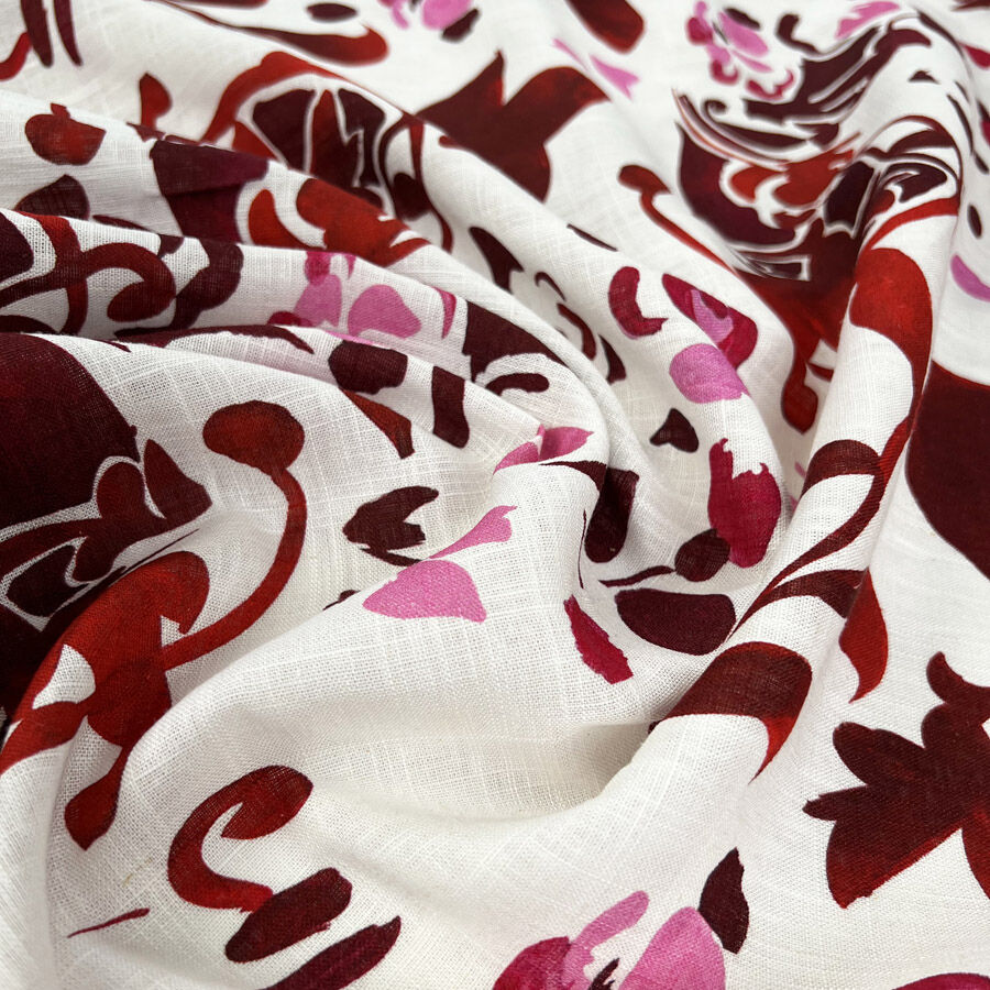 Linen Viscose Slub Wild Berry Pink White Floral Woven Dress Fabric