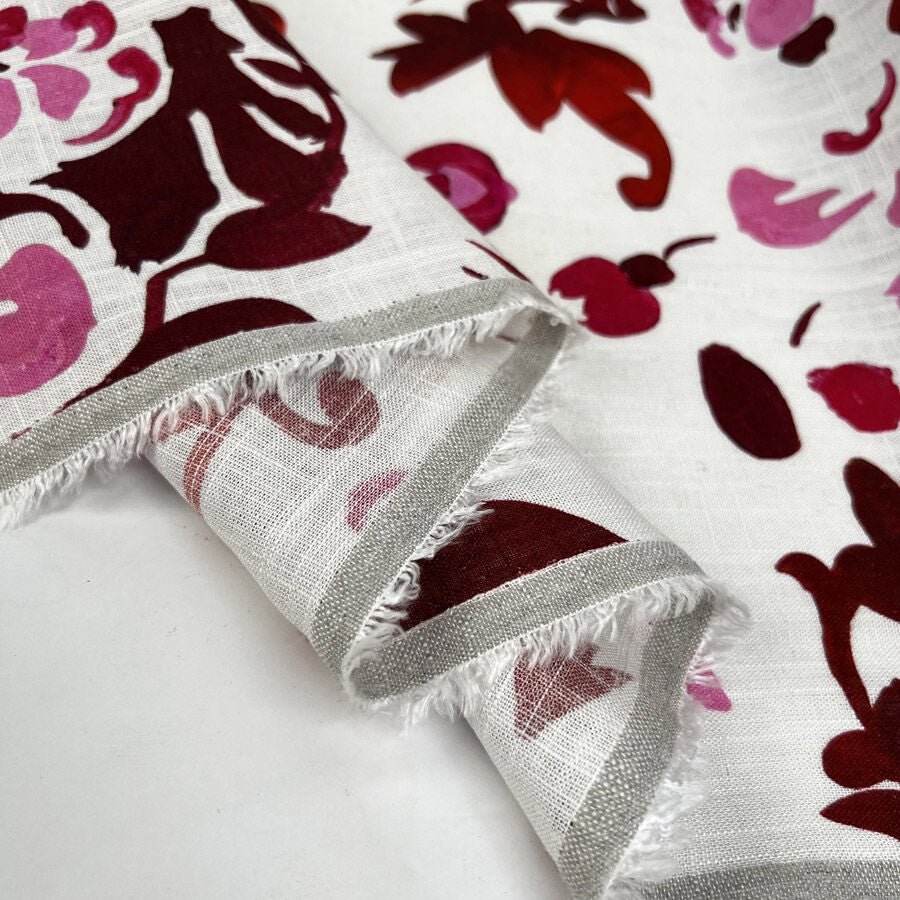 Linen Viscose Slub Wild Berry Pink White Floral Woven Dress Fabric Fold