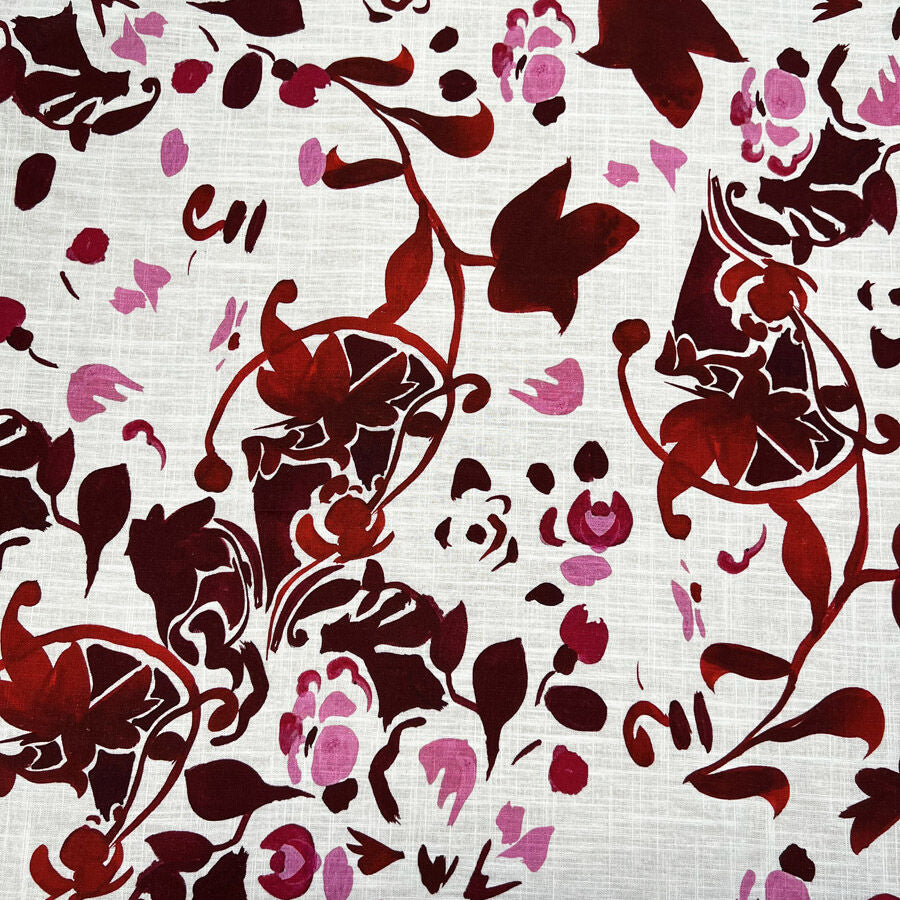 Linen Viscose Slub Wild Berry Pink White Floral Woven Dress Fabric Print