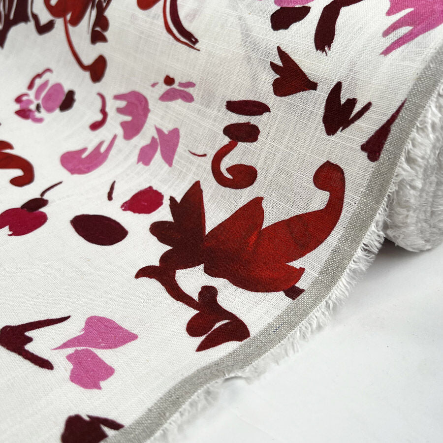 Linen Viscose Slub Wild Berry Pink White Floral Woven Dress Fabric Roll
