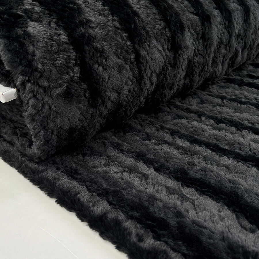 Lora Faux Fur Black Polyester Soft Stripe Coating Fabric Bolt