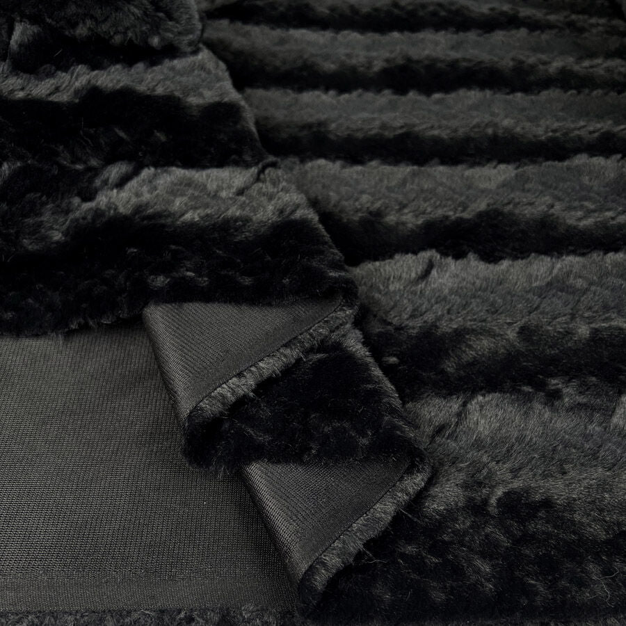 Lora Faux Fur Black Polyester Soft Stripe Coating Fabric Fold