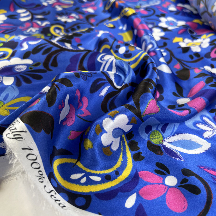 Luxury Italian Silk Livia Blue Pink Floral Paisley Deadstock Dress Fabric