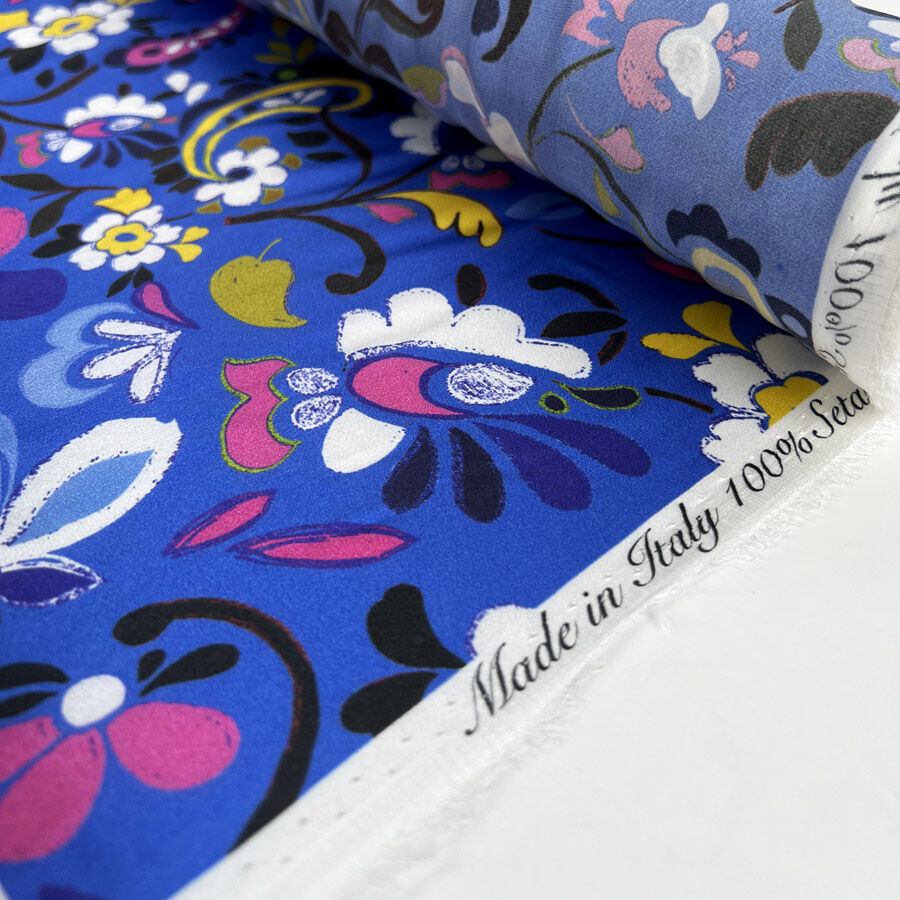 Luxury Italian Silk Livia Blue Pink Floral Paisley Deadstock Dress Fabric Roll