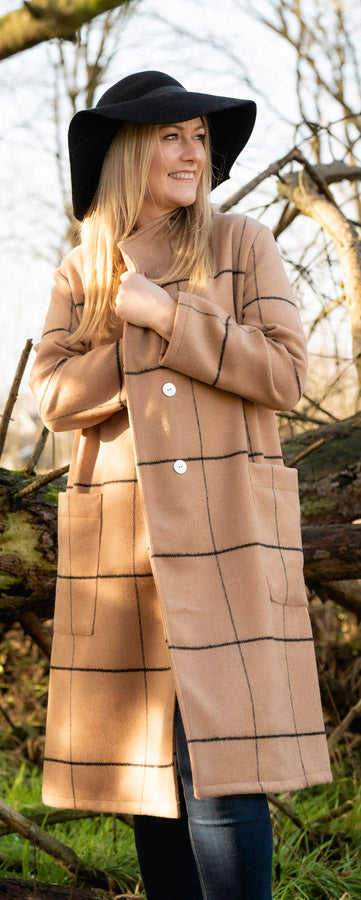 Madison Tan Wool Polyester Brown Check Coating Fabric Model