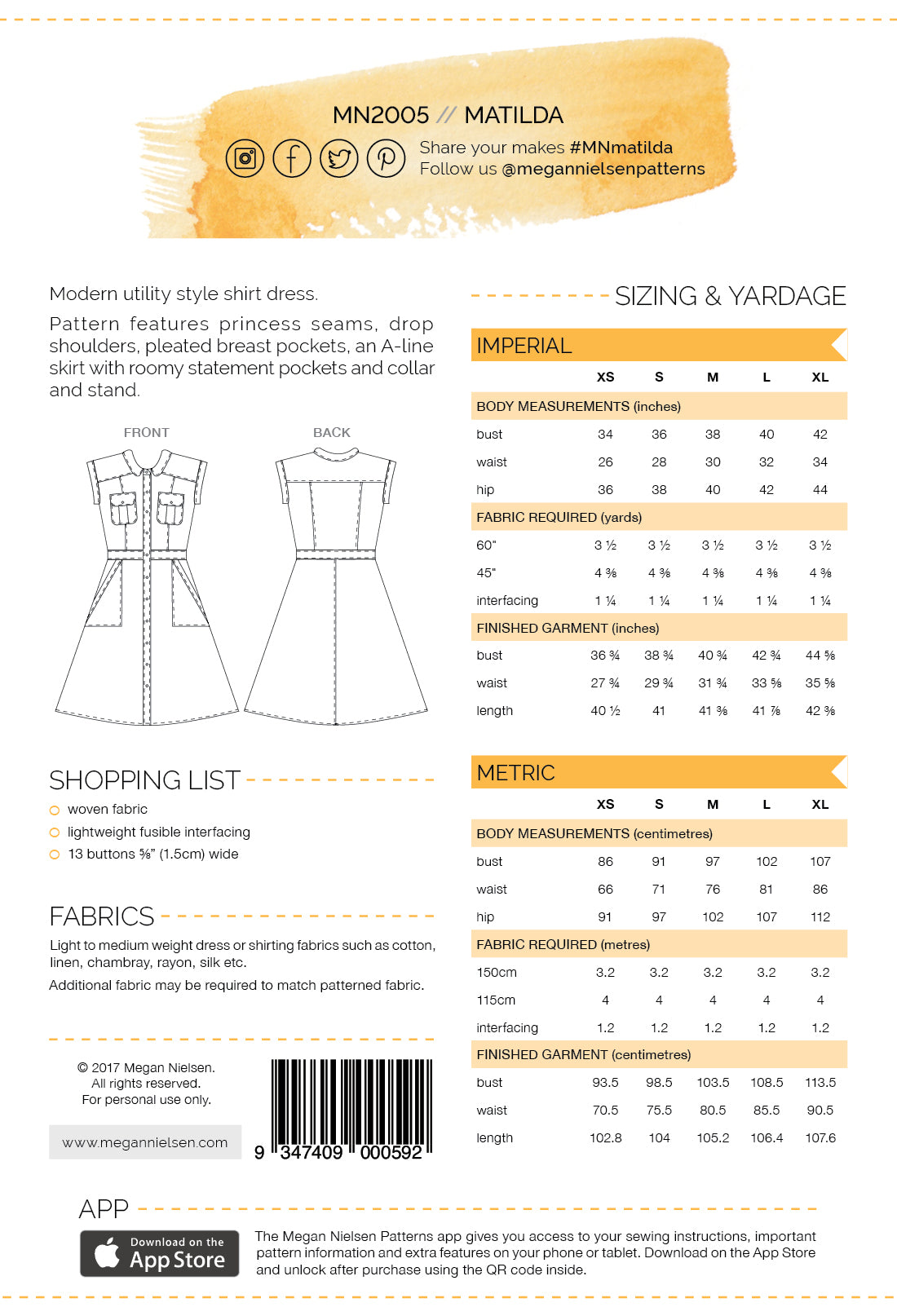 Matilda dress pattern by megan nielsen backcover