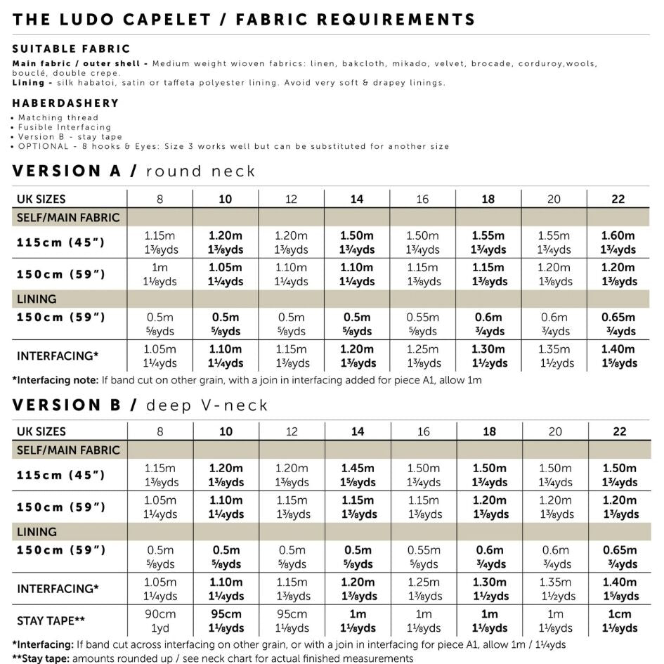 Maven Ludo Capelet Pattern Size Chart