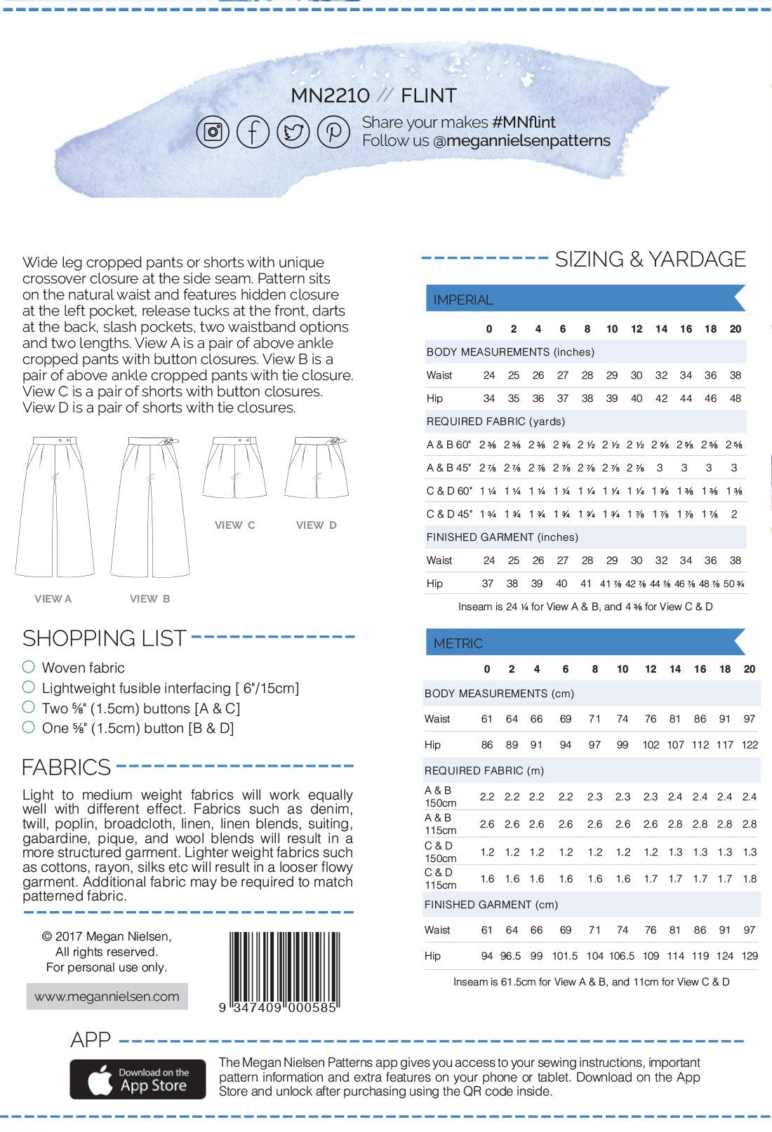 Megan Nielsen Flint Pants And Shorts Pattern Back Cover