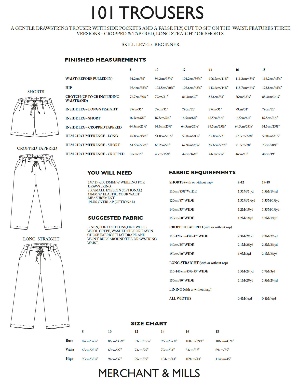 Merchant Mills 101 Trouser Pattern Sizes 8 18 Sizechart