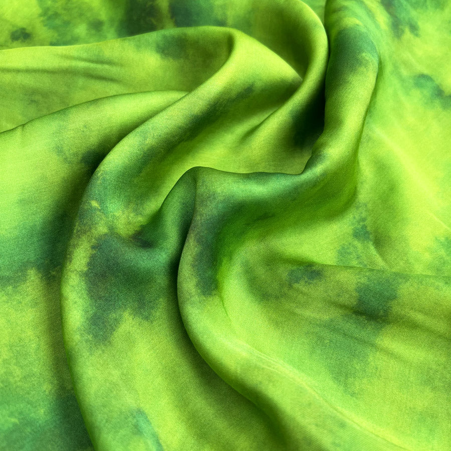 Misty Satin Green Viscose Abstract Tie Dye Dress Fabric