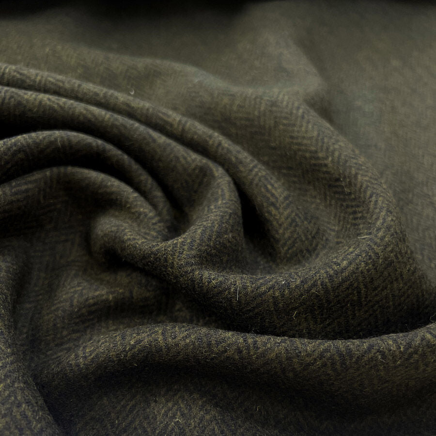 Moss moor wool herringbone green british black coating fabric cu