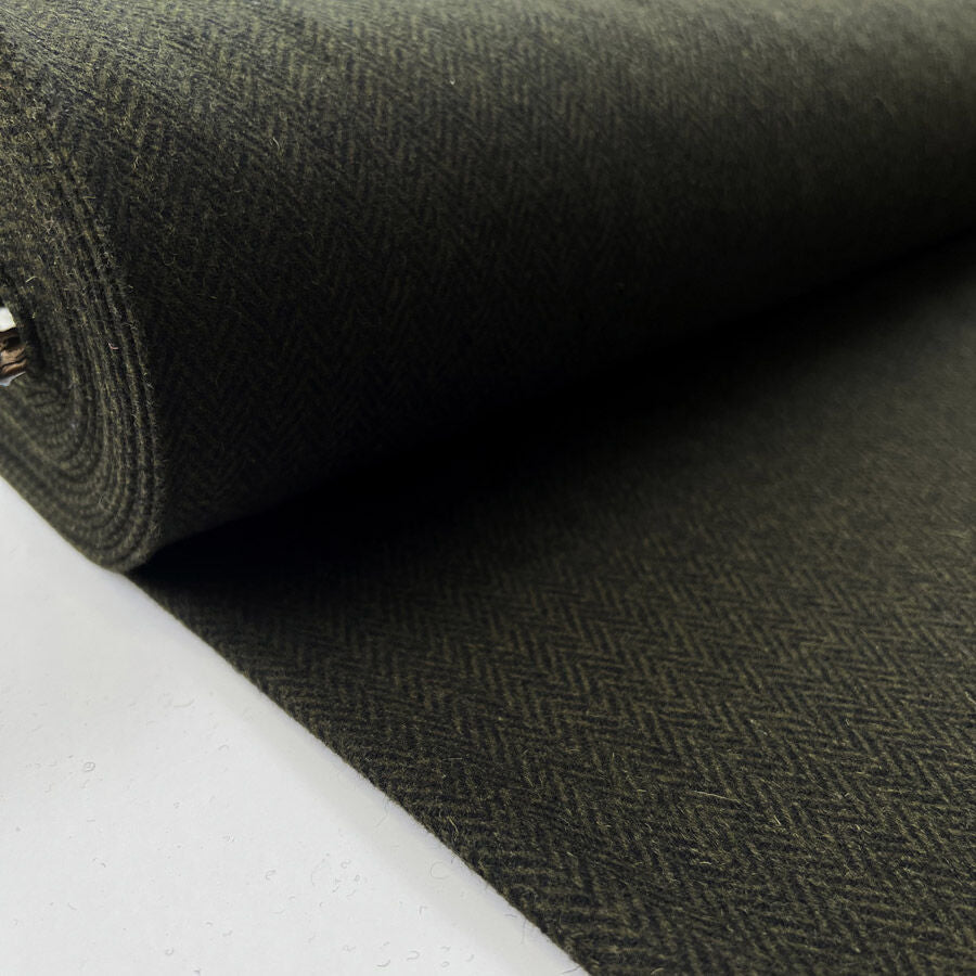 Moss moor wool herringbone green british black coating fabric roll