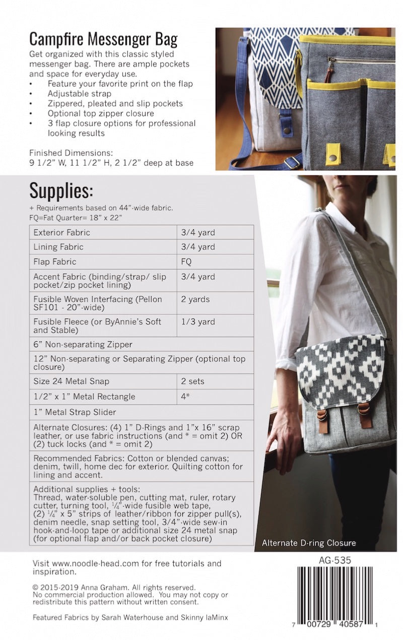 Noodlehead Campfire Messenger Bag Pattern Back
