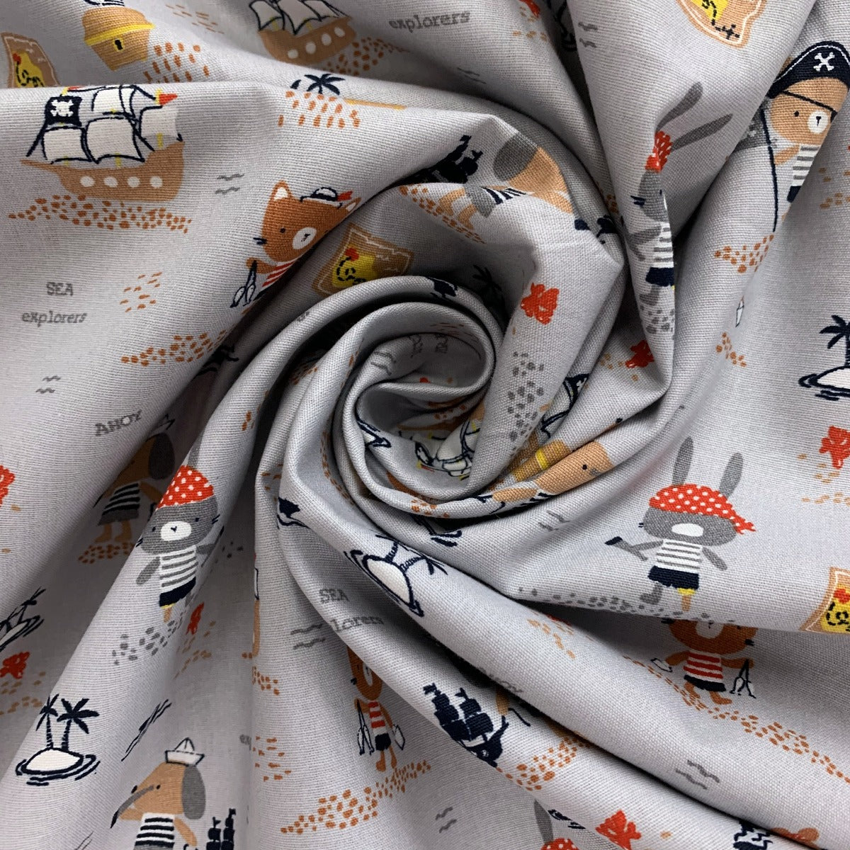 Organic Cotton Treasure Hunt Grey Gots And Oeko Tex Standard 100%Cotton Poplin Fabric Swirl