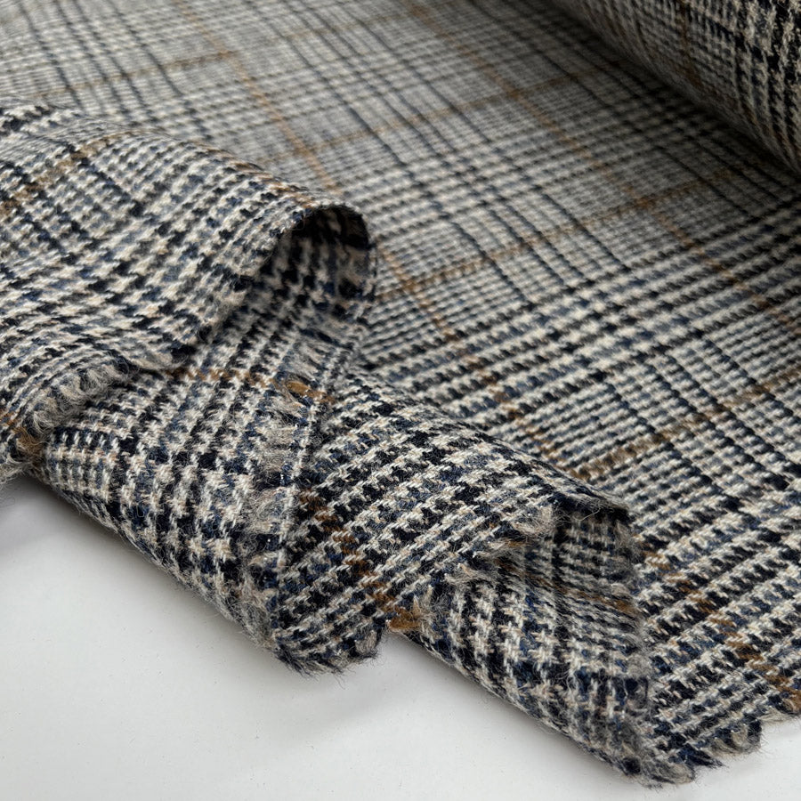 Oxfordshire Check Wool Grey Black Tan Blue British Suiting Fabric Fold