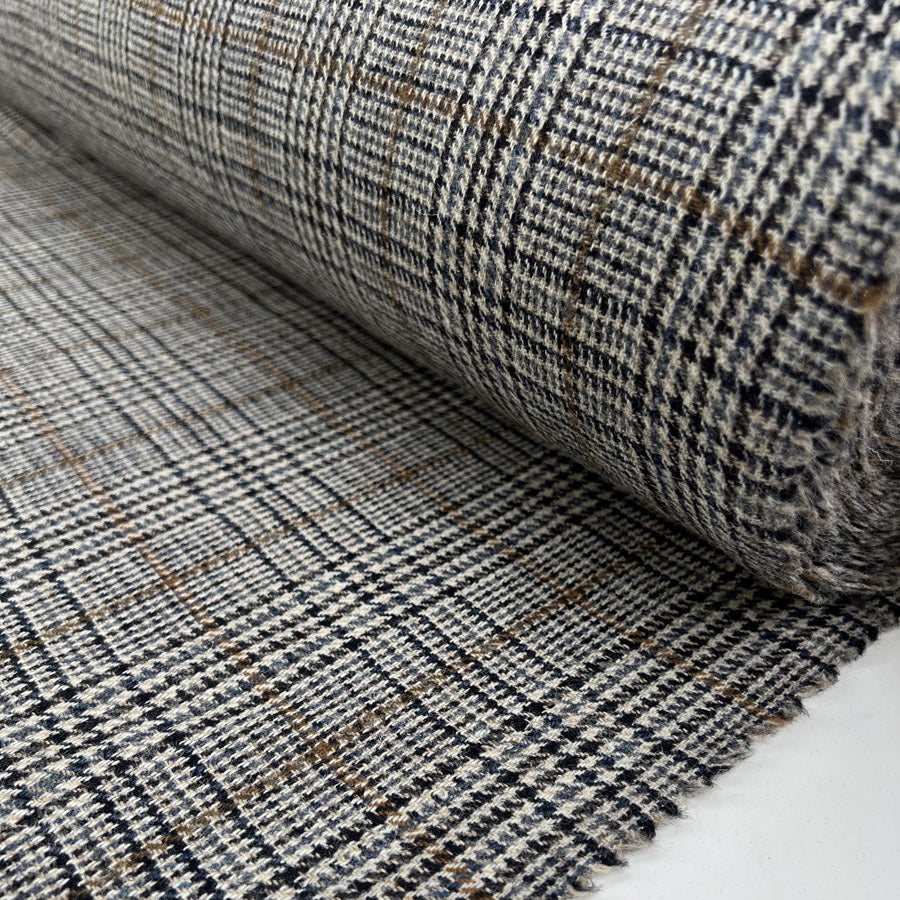 Oxfordshire Check Wool Grey Black Tan Blue British Suiting Fabric Roll