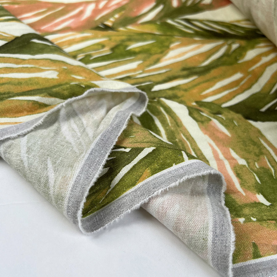 Palms Viscose Cotton Leaf Print Pink Green White Dress Fabric Fold