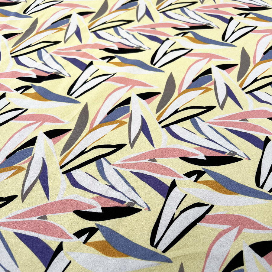 Pastel Sprigs Crepe Yellow Pink Abstract Leaf Print Viscose Dress Fabric