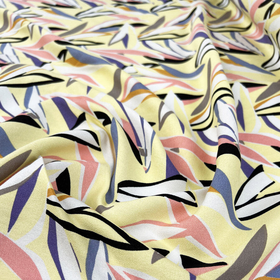 Pastel Sprigs Crepe Yellow Pink Abstract Leaf Print Viscose Dress Fabric