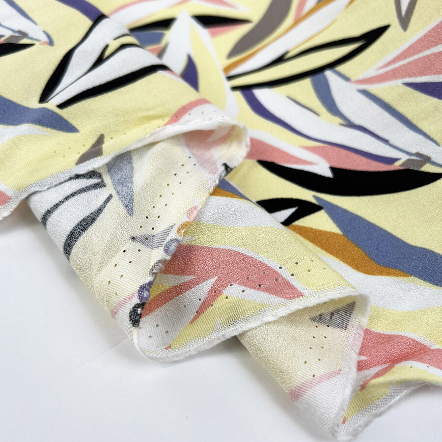 Pastel Sprigs Crepe Yellow Pink Abstract Leaf Print Viscose Dress Fabric Fold