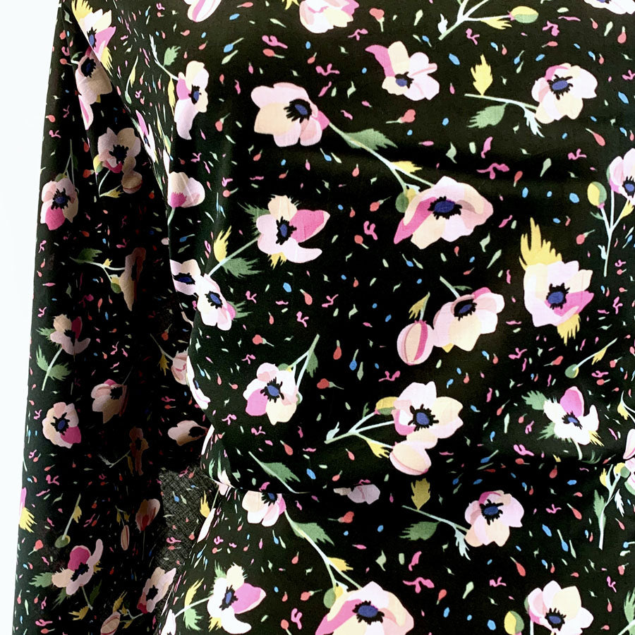 Pima Cotton Lawn Bloom And Wild Black Delicate Pink Floral Cream Fine Cotton Lawn Dress Shirting Fabric Close Fabric Photo