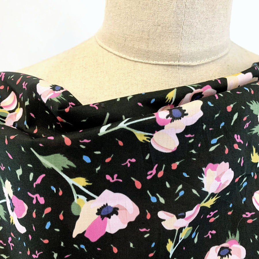 Pima Cotton Lawn Bloom And Wild Black Delicate Pink Floral Cream Fine Cotton Lawn Dress Shirting Fabric Close Up Fabric Photo