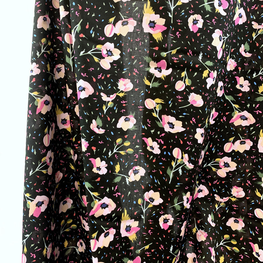 Pima Cotton Lawn Bloom And Wild Black Delicate Pink Floral Cream Fine Cotton Lawn Dress Shirting Fabric Drape Fabric Photo