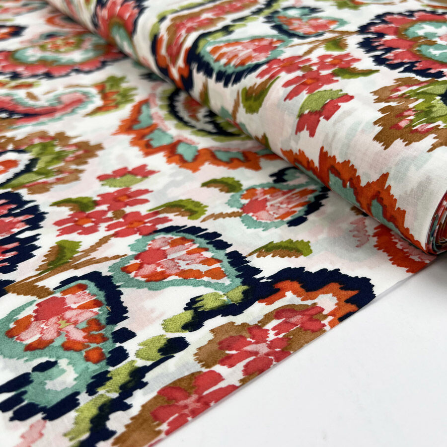 Pima Cotton Lawn Cascade White Abstract Red Floral Dress Fabric Bolt