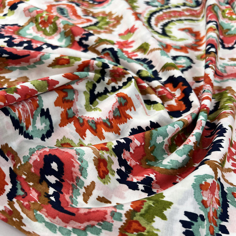 Pima Cotton Lawn Cascade White Abstract Red Floral Dress Fabric