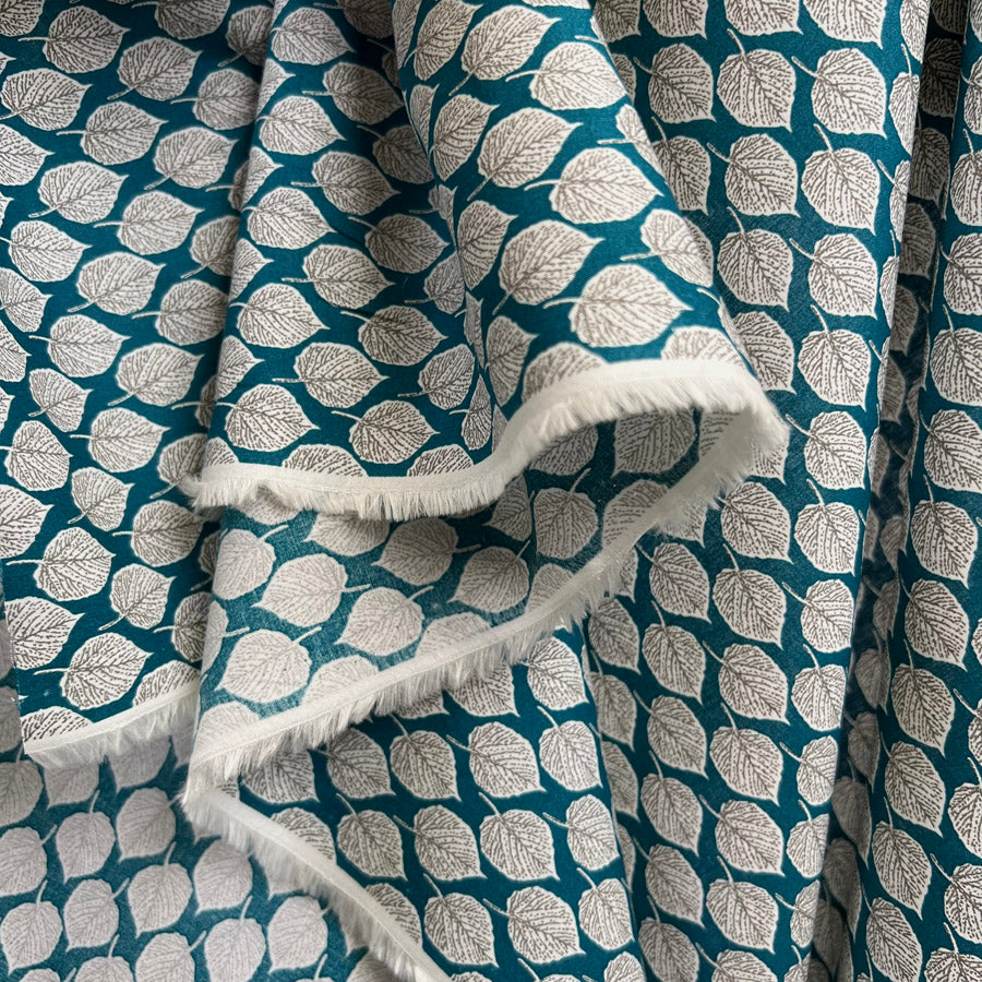Pima Cotton Lawn Colder Days Teal Leaf Print Dress Fabric Hang