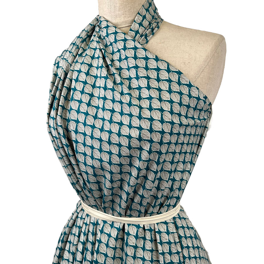 Pima Cotton Lawn Colder Days Teal Leaf Print Dress Fabric Side