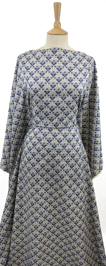 Pima Cotton Lawn Dress Fabric Blue Beige Floral Chandelier