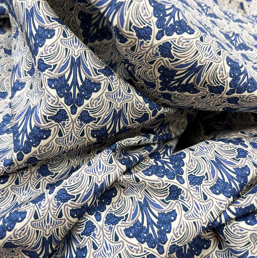 Pima Cotton Lawn Dress Fabric Blue Beige Floral Chandelier