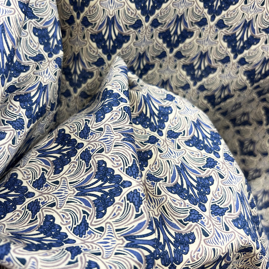 Pima Cotton Lawn Dress Fabric Blue Beige Floral Chandelier Hand