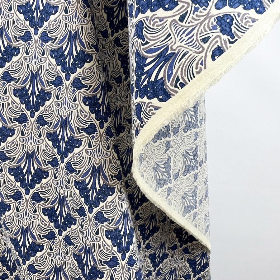Pima Cotton Lawn Dress Fabric Blue Beige Floral Chandelier Hang