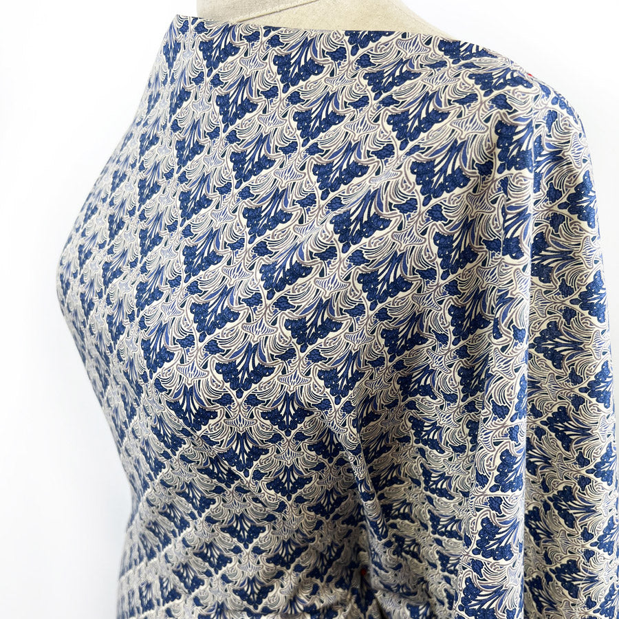 Pima Cotton Lawn Dress Fabric Blue Beige Floral Chandelier Side