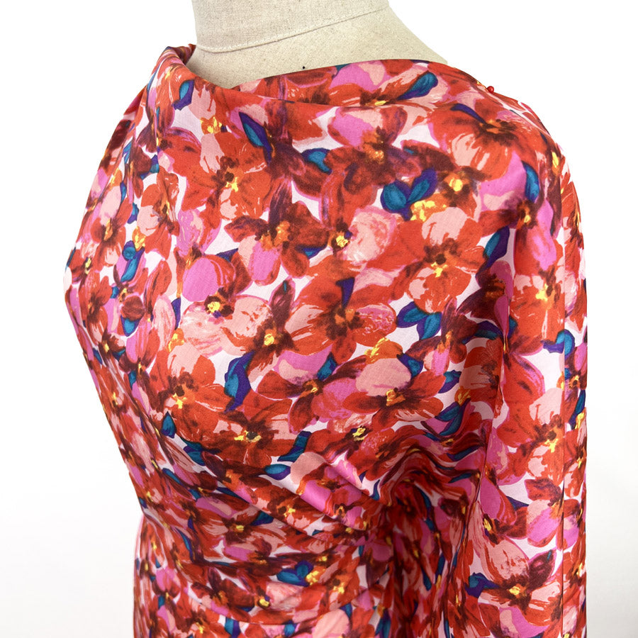 Pima Cotton Lawn Dress Fabric Red Pink Florals Sunset Peony Side