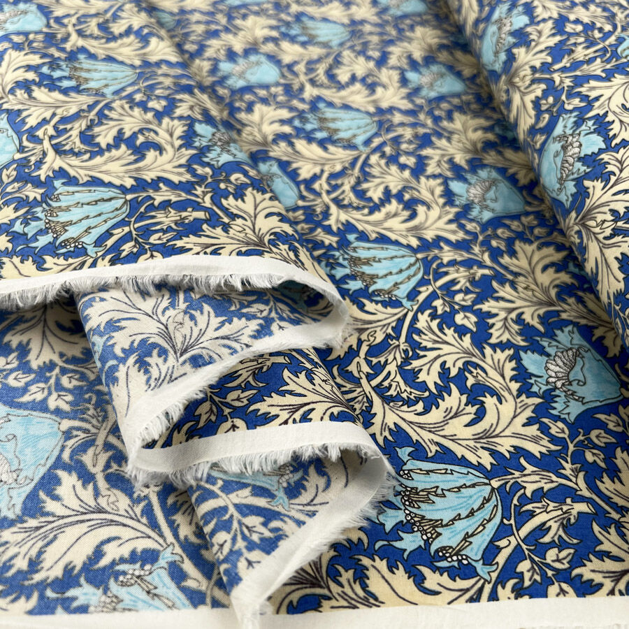 Pima Cotton Lawn Folk Garden Blue Floral Cream Woven Dress Fabric Fold
