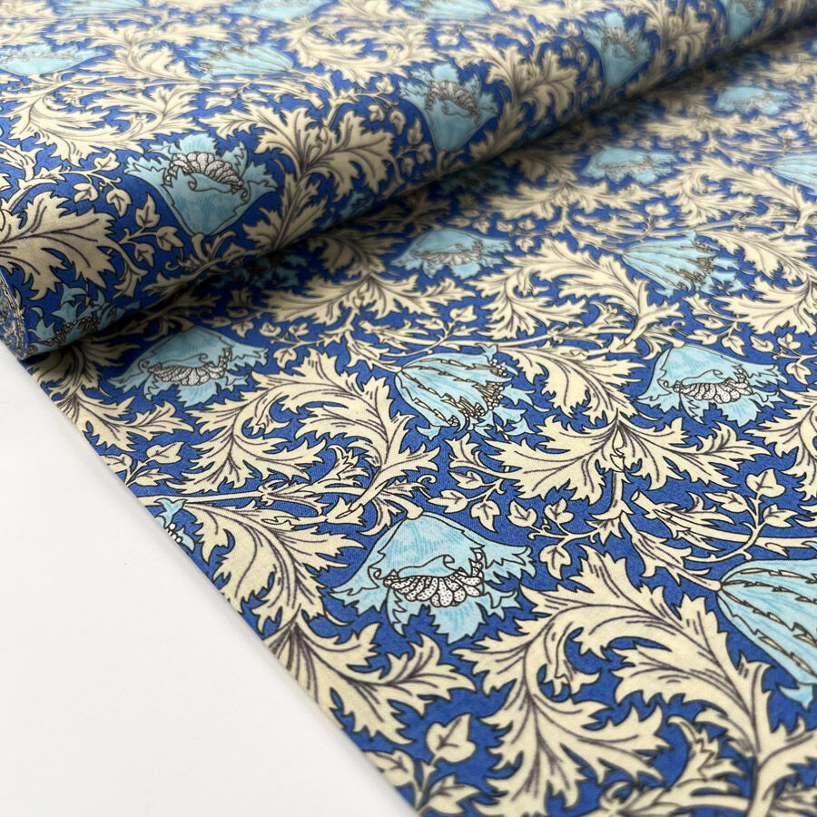Pima Cotton Lawn Folk Garden Blue Floral Cream Woven Dress Fabric Roll
