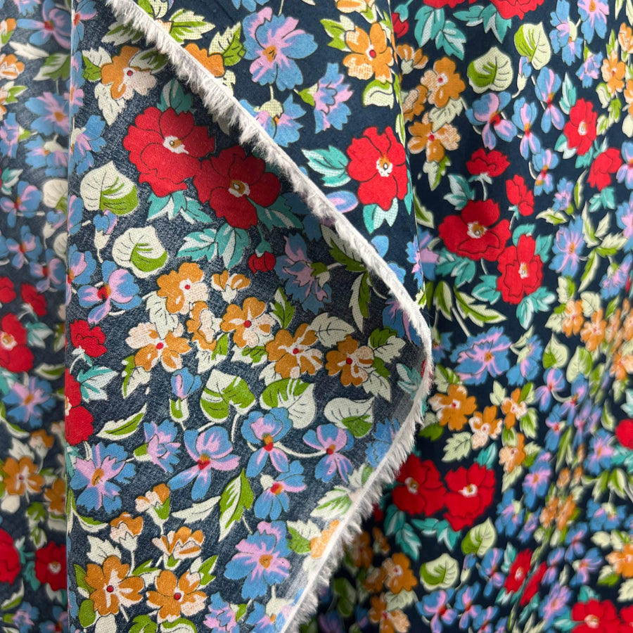Pima Cotton Lawn Gemima Navy Floral Dressmaking Fabric Drape