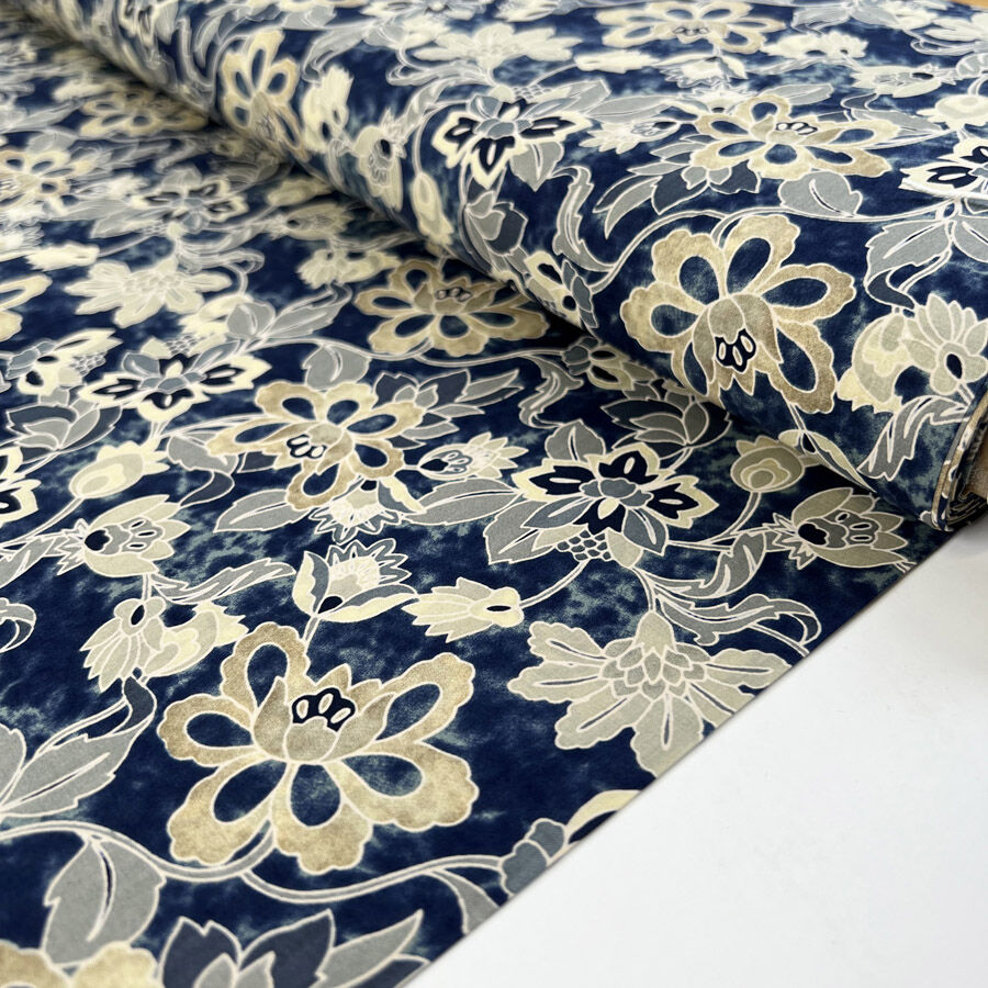 Pima Cotton Lawn Indra Grey Blue Floral Dress Fabric Bolt
