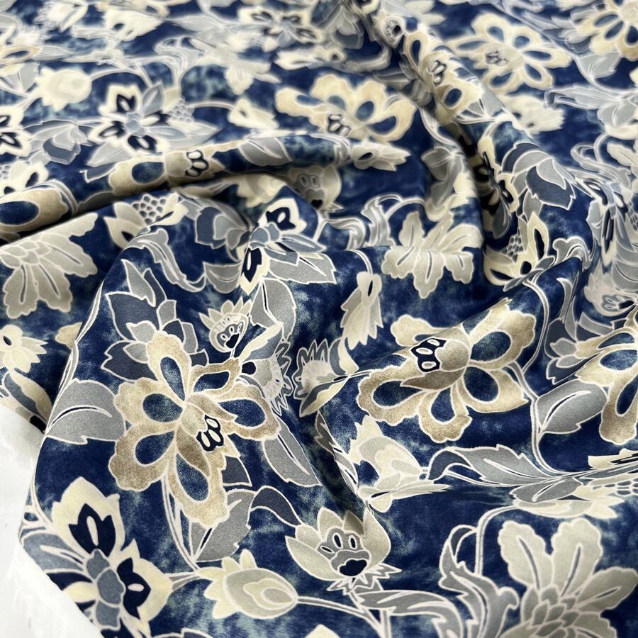 Pima Cotton Lawn Indra Grey Blue Floral Dress Fabric