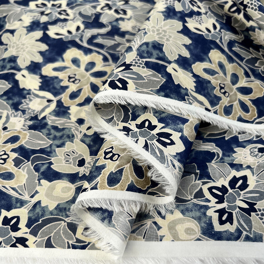 Pima Cotton Lawn Indra Grey Blue Floral Dress Fabric Fold