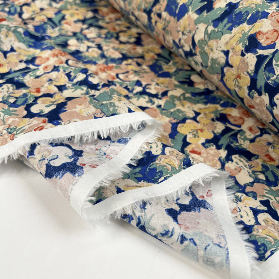 Pima Cotton Lawn Joanne Floral Woven Blue Dress Fabric Fold