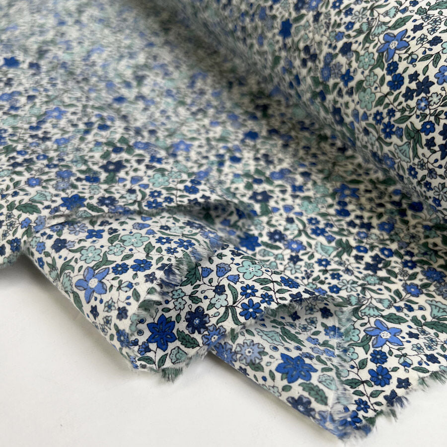 Pima Cotton Lawn Kathryn Blue Floral Print Dress Fabric Fold