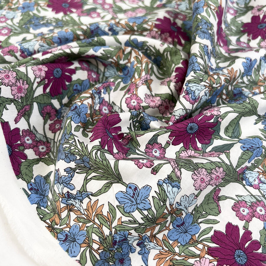 Pima Cotton Lawn Lottie Pastel White Floral Pink Blue Dress Fabric
